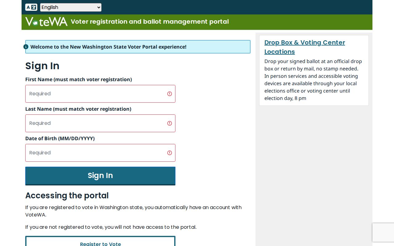 South Hill voter registration VoteWA authentication screen